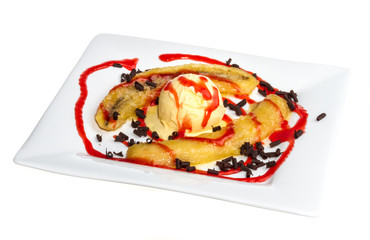 Bake banana with vanilla ice cream and caramel syrup; isolated o