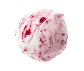 Scoop of strawberry ice cream from top on white background