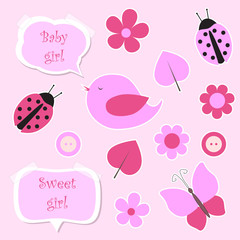 Set of pink scrapbook elements for baby girl