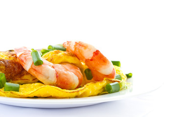 omelet with cooked shrimp and greens