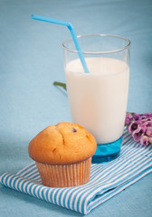 Healthy nutrition with fresh milk and chocolate muffin.