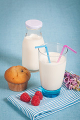 Healthy nutrition with fresh milk and chocolate muffin.