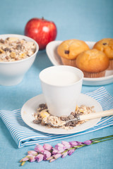 Healthy nutrition with fresh milk and muesli.