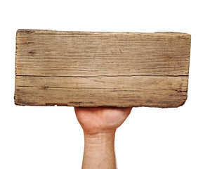 Wooden board sign on hand isolate on white