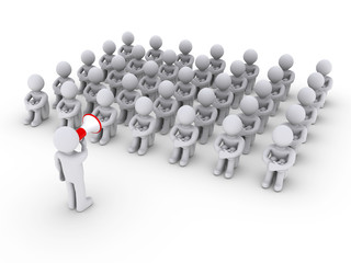 Person with megaphone talking to others sitting down