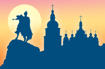 Silhouette of St Sophia Cathedral and monument to  Khmelnitsky