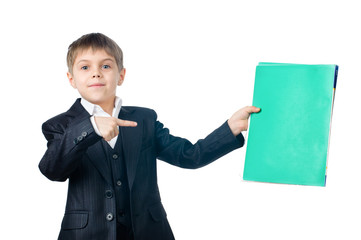 Young boy holding an folder with copy space