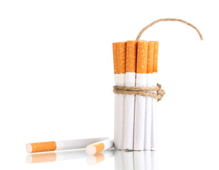 Cigarettes tied with rope and wick isolateed on white