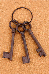 a bunch of antique keys on cork background