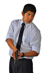 Man in white shirt and tie with a gun