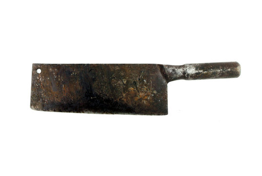 Old rusty meat cleaver on white