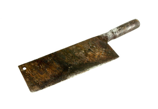 Old rusty meat cleaver on white