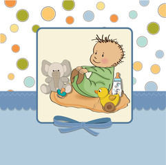 little baby boy play with his toy  baby shower card