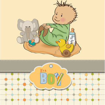 little baby boy play with his toy  baby shower card