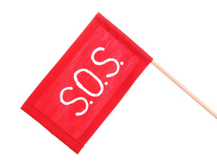 SOS signal written on red cloth isolated on white