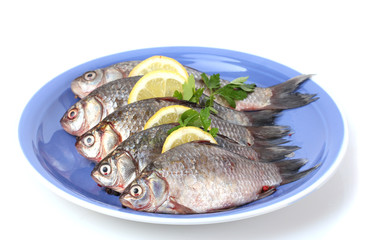 Fresh fishes with lemon and parsley on plate isolated on white