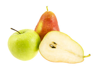 Fresh pears and green apple with drops the waters.