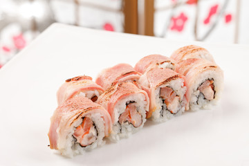 sushi with shrimp and bacon