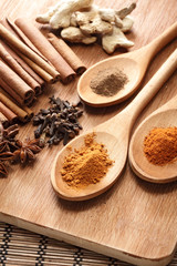 Herbs and Spices over wooden background