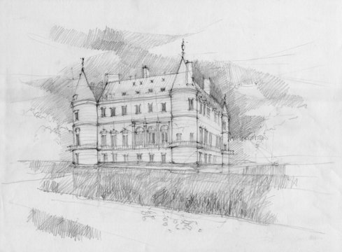 Crayon drawing of Rambouillet chateau, France