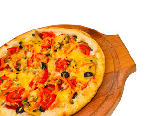 Appetizing pizza with cheese on wooden tray, close-up on white b