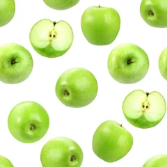 Papier Peint photo Tranches de fruits Modèle sans couture avec des pommes fraîches vertes.