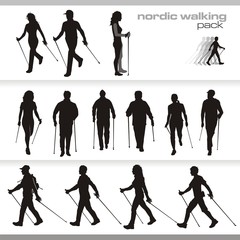 nordic walking vector silhouette - obrazy, fototapety, plakaty