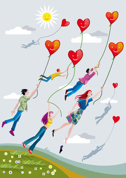 People Flying With Hearts