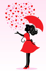 silhouette of a girl under a rain of hearts
