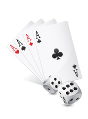 Casino dices and cards on white background