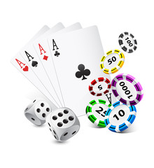 playing cards, casino chips and dice