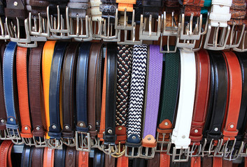 Color leather belts in store