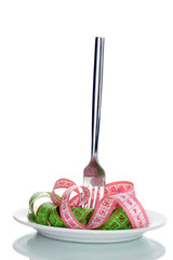 fork and measuring tapes on plate isolated on white
