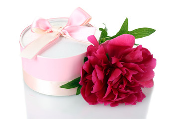 beautirul pink gift and peony flower isolated on white
