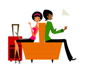 Couple sitting in waiting area with luggage