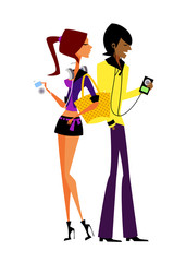 Couple using a mobile phone wearing headphones