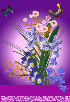 butterflies and iris bouquet on lilac background