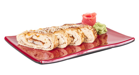 Omelet Maki Sushi - Roll made of Smoked Eel inside. Topped with