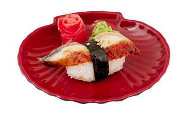 Eel sushi. Isolated over white.