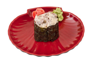 spice sushi with sauced slices of smoked Eel, chicken and caviar