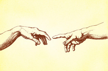 Michelangelo Erschaffung Adams’ Hände - obrazy, fototapety, plakaty