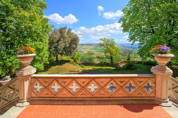 View from castle terrace. Novello, Northern Italy. - obrazy, fototapety, plakaty