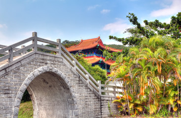 view of the Chinese pavilion and the stone bridge