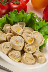 Tasty ravioli with tomato and salad