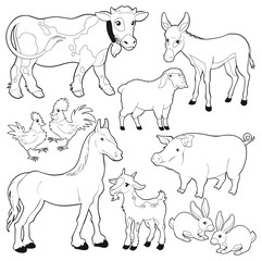 Farm animals. Vector cartoon black/white characters.