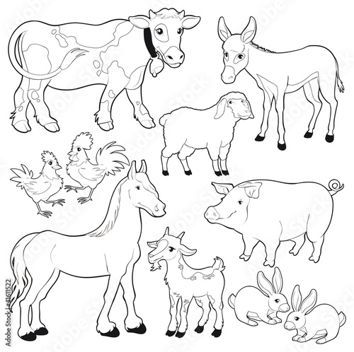 "Farm animals. Vector cartoon black/white characters." Stock image and