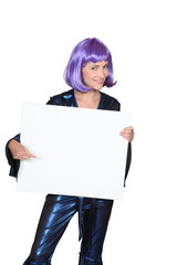 Woman in a purple wig with a board left blank for your message
