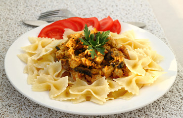 Farfalle with chicken fillet and mushrooms stew