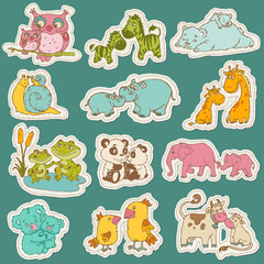 Baby and Mommy Animal Set on paper tags - for design and scrapbo