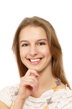 A portrait of young smiling woman on white background